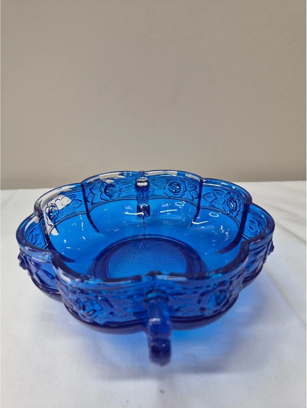Vintage Glass Decorative Bowl with Blue Paint and Handles J4